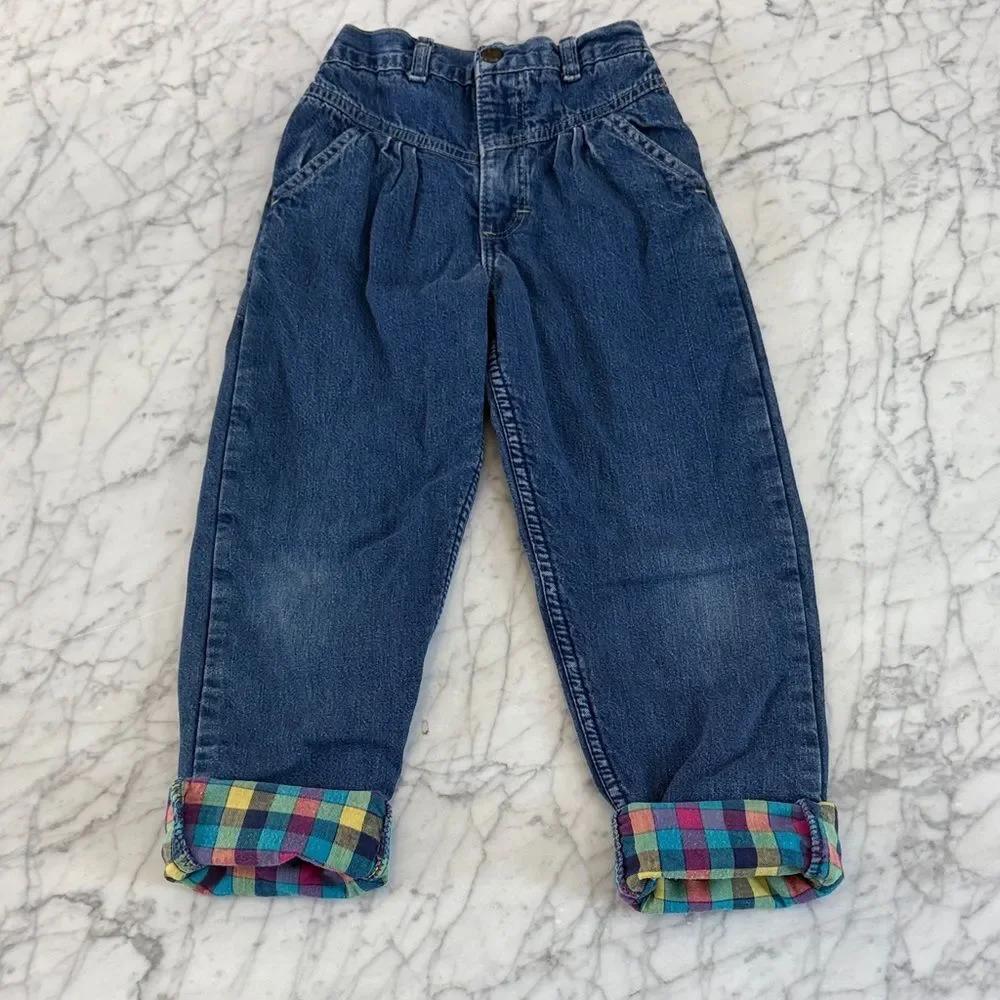 Vintage Osh Kosh Girl Denim Jeans Plaid Lined Sz 6X